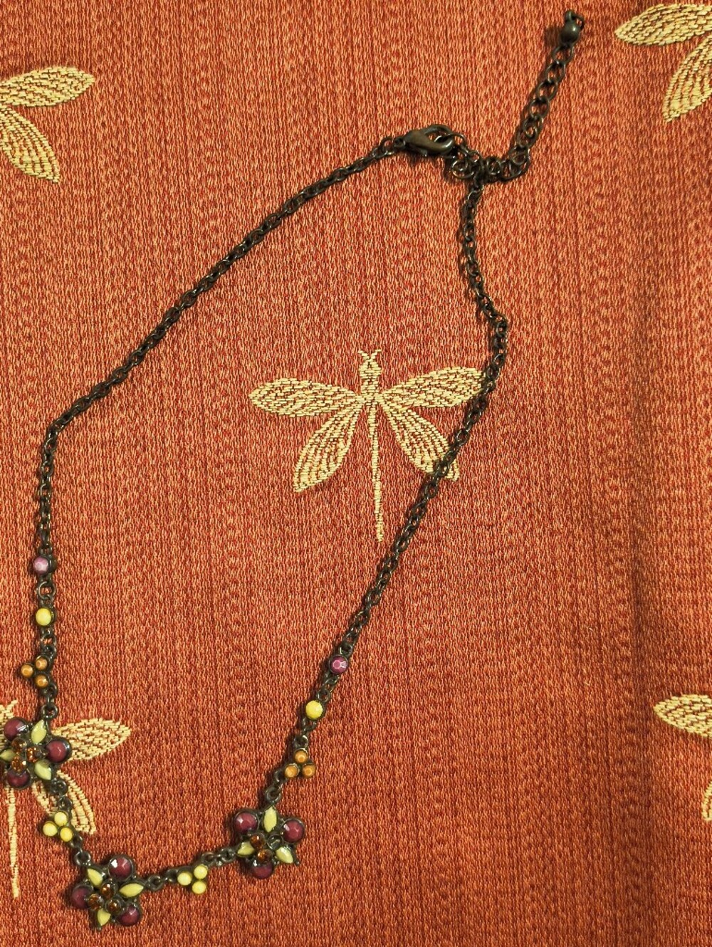 Vintage Style Brass Enamel Floral Station Necklace Plum Mustard Boho